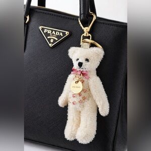Prada Bear Charm Key Holder Cream Mohair Bijou|Pink Crystals Leather Bow